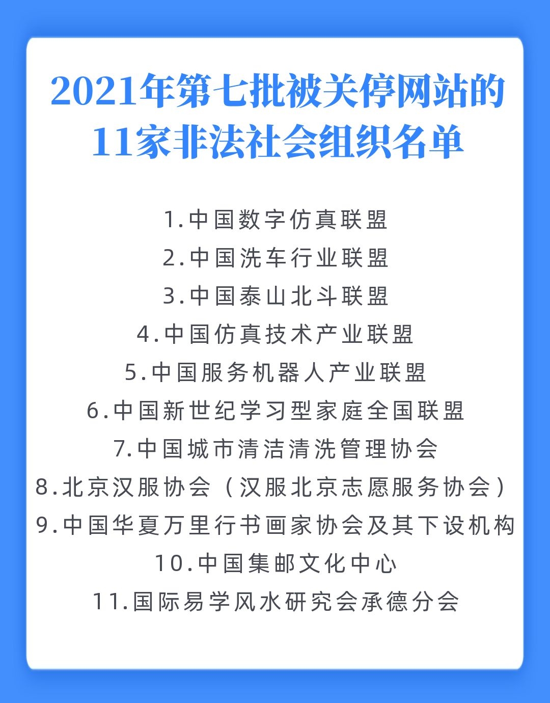 “中国集邮文化中心”“中国洗车行业联盟”等11家非法社会组织网站被依法关停