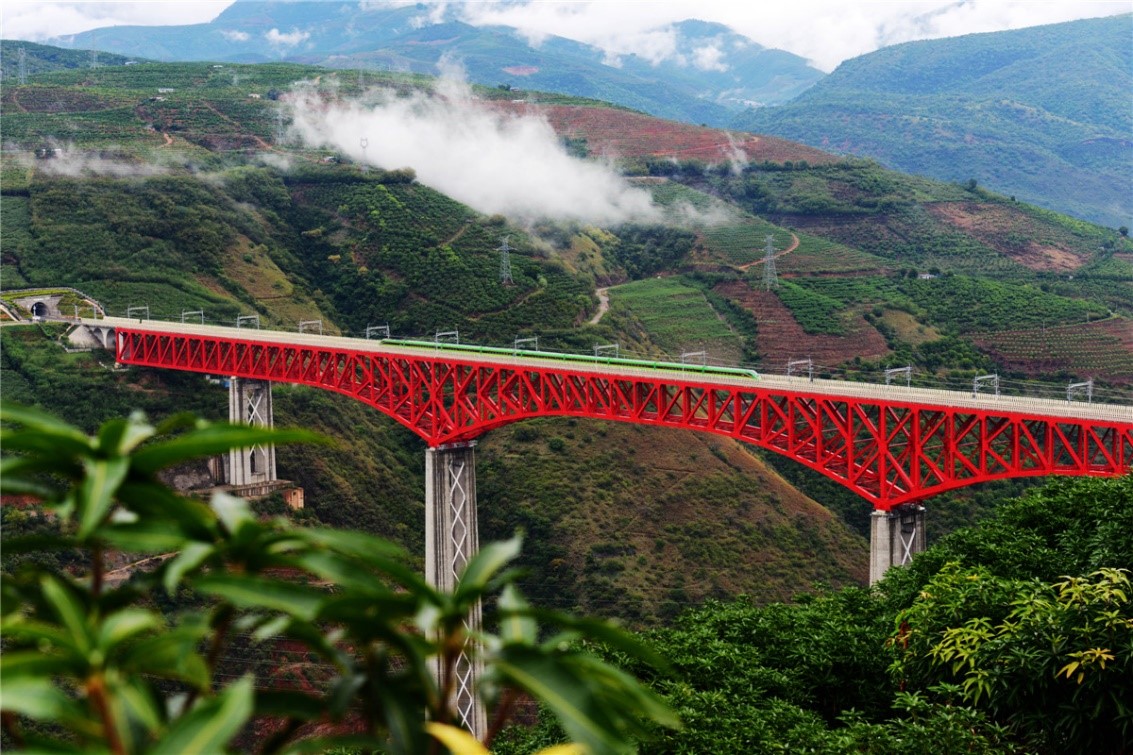 中老鐵路元江雙線特大橋位於雲南省元江哈尼族彝族傣族自治縣境內，其中最高的3號橋墩達154米，相當於54層樓房的高度。國鐵集團供圖