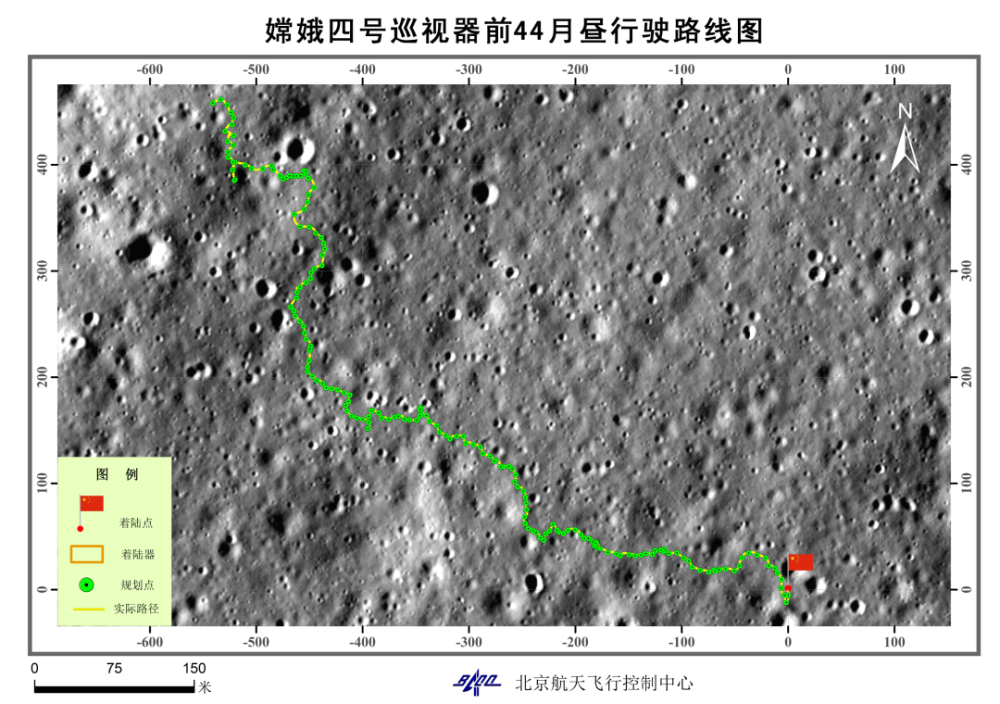 嫦娥四号巡视器前44月昼行驶路线图。北京航天飞行控制中心供图