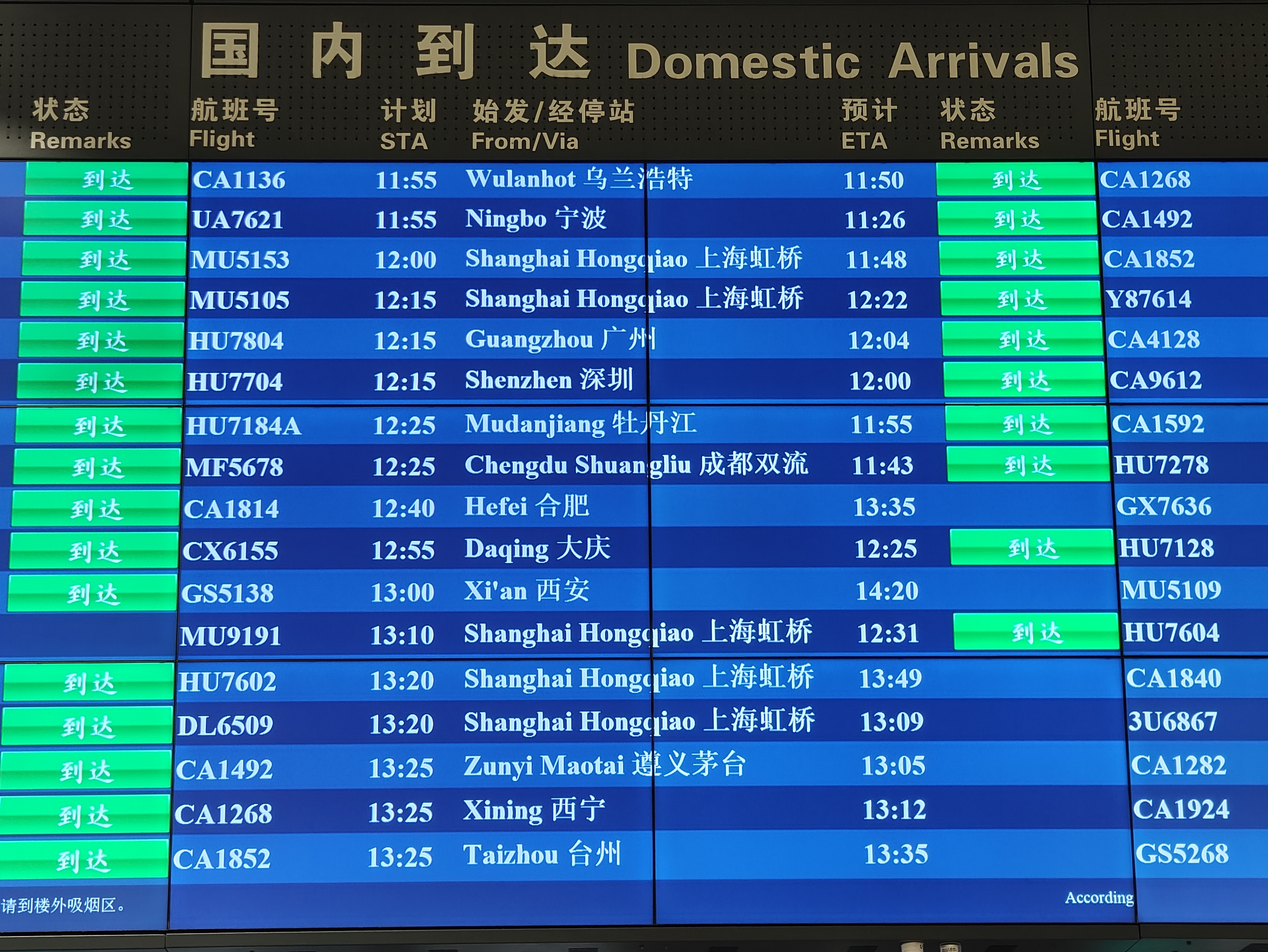 首都机场大屏显示，MU9191航班于12:31顺利到达。人民网记者 夏晓伦摄