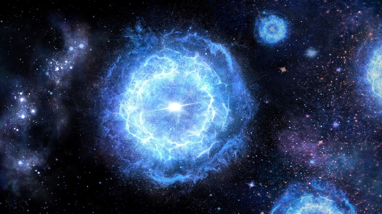 第一代超大質量恆星演化成為對不穩定超新星的藝術展示圖。對不穩定超新星將含有多種元素的物質拋射到星際介質中，並以此形成下一代恆星。國家天文台供圖