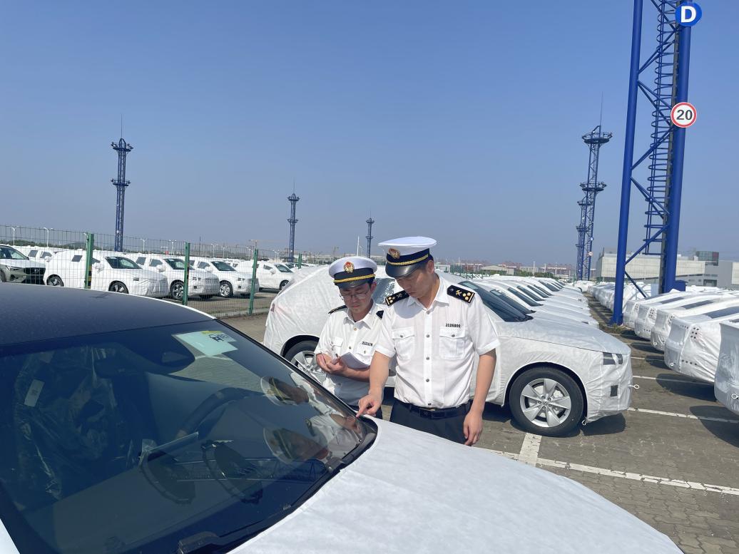 寧波海關所屬梅山海關關員在梅西滾裝碼頭對新能源汽車進行監管。應俊攝