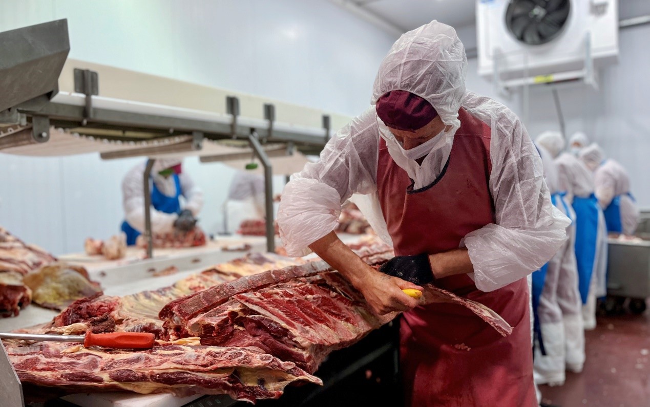 工人在生产车间分割牛肉。人民网记者 朱虹摄