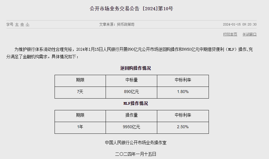 中國人民銀行公開市場業務交易公告。 來源：中國人民銀行官網