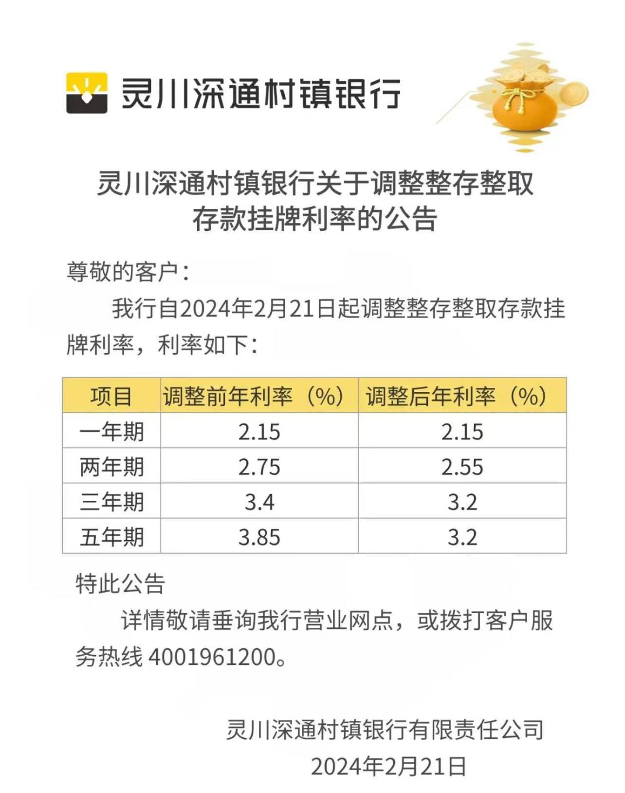 灵川深通村镇银行官方公众号截图。存款三年期利率由3.4%调整至3.2%	，利率</p><p style=