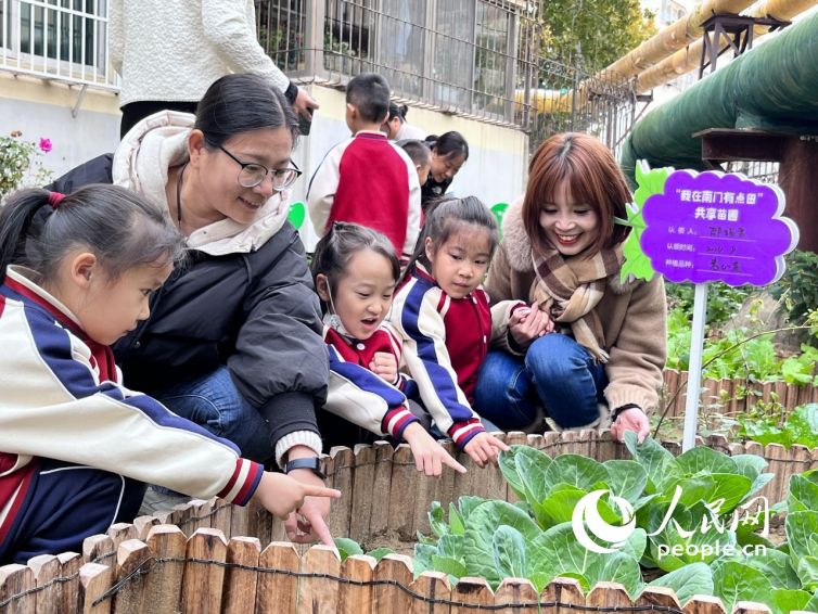 小區孩子們正在觀察種植的蔬菜長勢。 人民網記者 王天樂攝