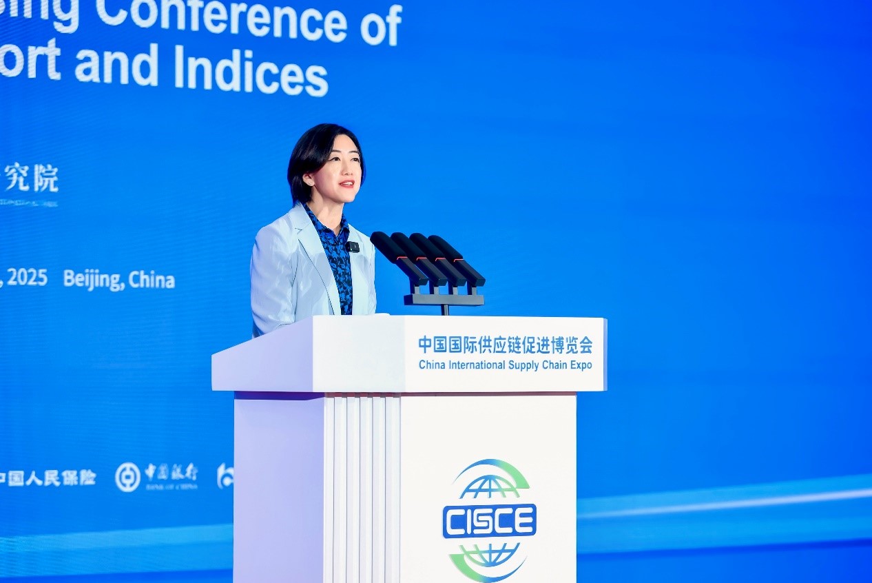 高通公司全球副總裁侯明娟在貿促智庫交流活動暨全球供應鏈報告與指數發布會上致辭。（受訪者供圖）
