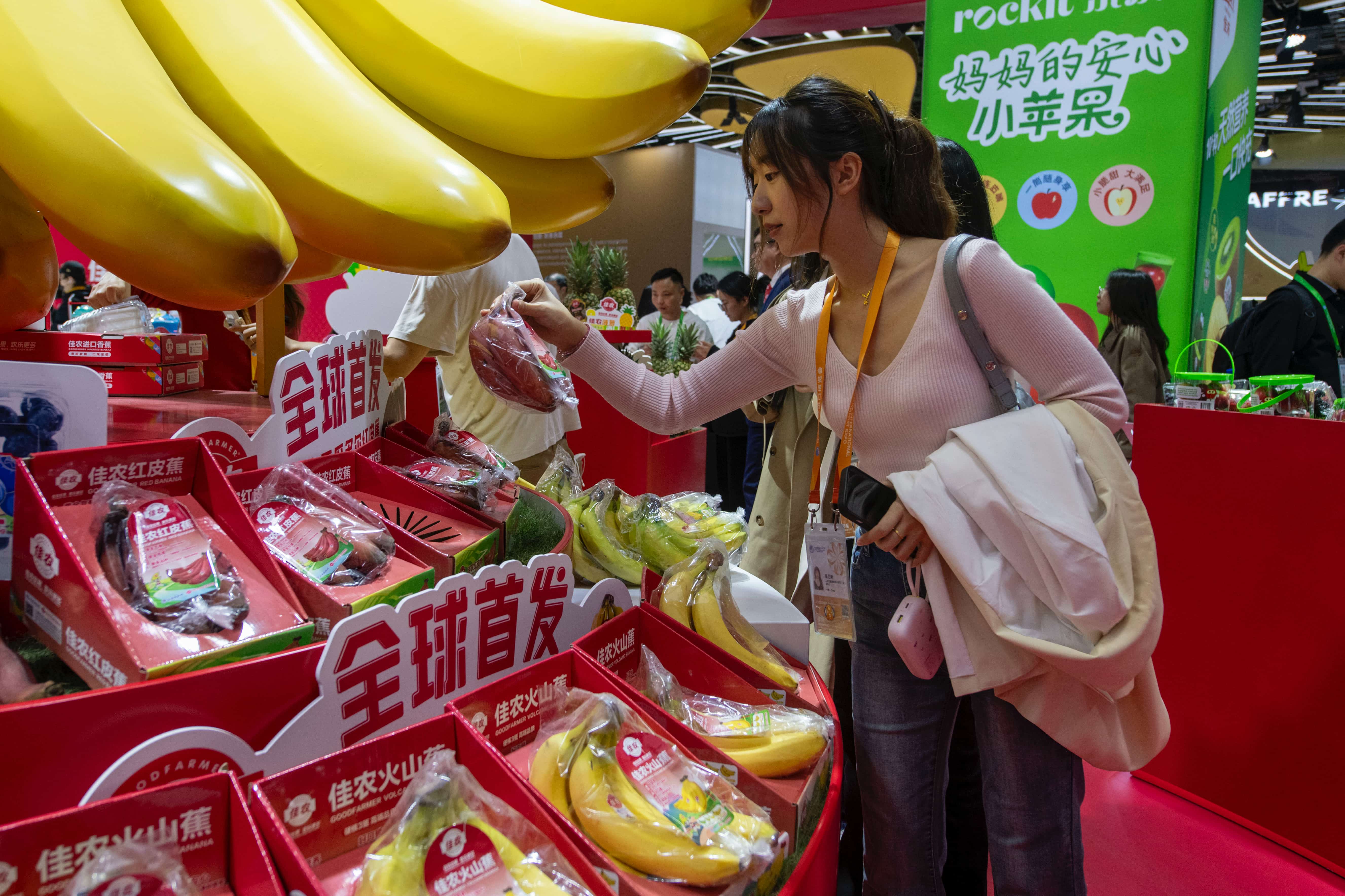 在第八届进博会农食产品展区的佳农展台,全球首发的厄瓜多尔红皮蕉吸引观众目光。人民网记者 翁奇羽摄