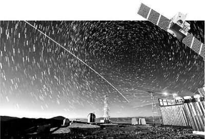  “墨子号”量子科学实验卫星与阿里量子隐形传态实验平台建立天地链路（合成照片）。新华社发