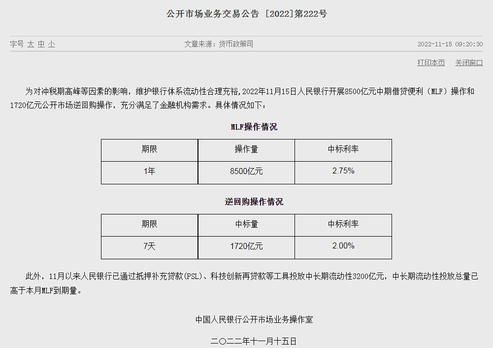 央行开展8500亿元MLF操作利率不变